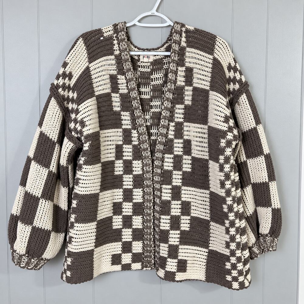 Checkerboard Open Front Cardigan Women’s S Gray Cream Oversized Knit BiBi
